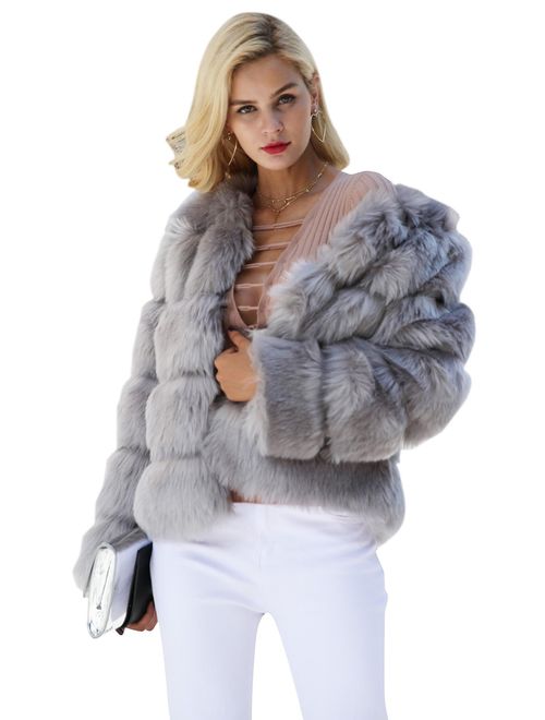 Simplee Women Luxury Winter Warm Fluffy Faux Fur Short Coat Jacket Parka Outwear