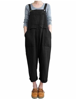 Lncropo Women's Baggy Wide Leg Overalls Cotton Linen Jumpsuit Harem Pants Casual Rompers