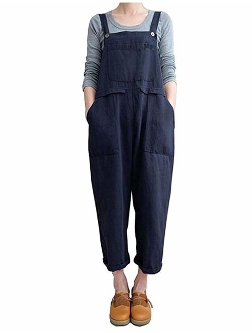 Lncropo Women's Baggy Wide Leg Overalls Cotton Linen Jumpsuit Harem Pants Casual Rompers