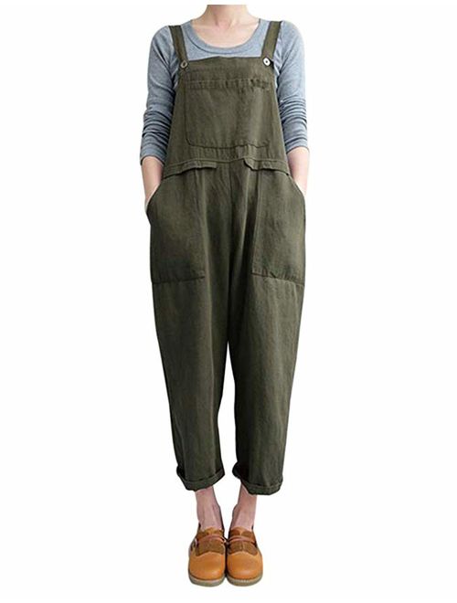 Lncropo Women's Baggy Wide Leg Overalls Cotton Linen Jumpsuit Harem Pants Casual Rompers