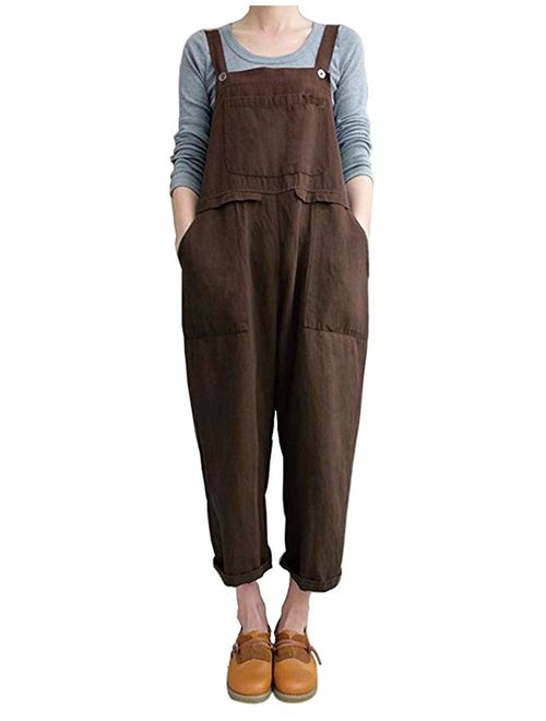 Lncropo Women's Baggy Wide Leg Overalls Cotton Linen Jumpsuit Harem Pants Casual Rompers