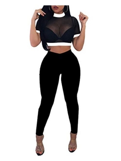 Rela Bota Women's 2 Piece Outfits Mesh Crop Top High Waist Long Pants Bodycon Clubwear Set