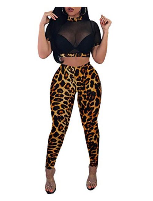 Rela Bota Women's 2 Piece Outfits Mesh Crop Top High Waist Long Pants Bodycon Clubwear Set