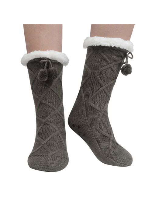 YSense Womens Winter Warm Thick Knit Sherpa Fleece Lined Christmas Cozy Fuzzy Slipper Socks With Grippers