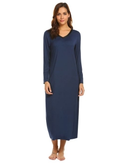 Womens Long Sleeve Nightshirts V-Neck Loose Nightshirt Sleepwear Nightgown Pajama PJ S-XXL