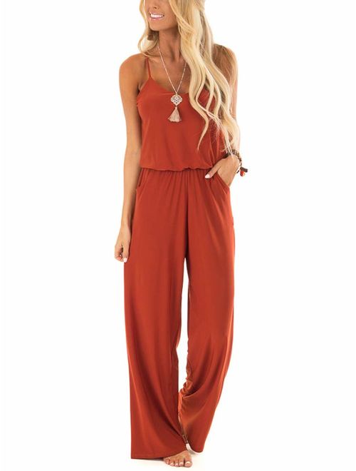 Dressmine Womens Sexy V Neck Wide Leg Jumpsuit Casual Sleeveless Elegant Jumpsuit Rompers