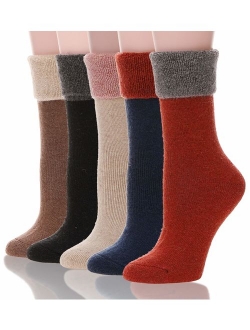 Womens Wool Fuzzy Socks Cabin Thick Heavy Thermal Warm Winter Crew Socks For Cold Weather 5 Pack