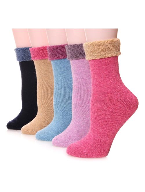 Womens Wool Fuzzy Socks Cabin Thick Heavy Thermal Warm Winter Crew Socks For Cold Weather 5 Pack