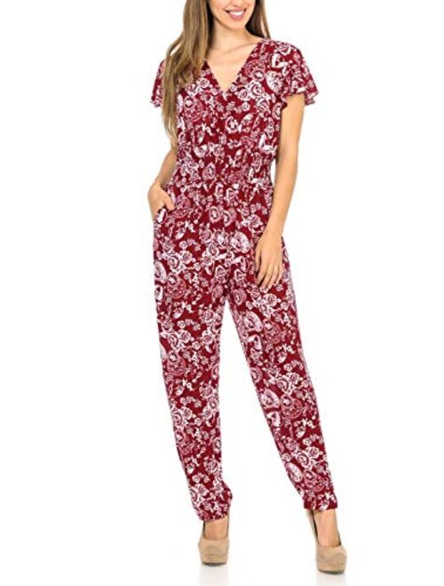 Auline Collection Womens Short Cap Sleeve V-Neck Long Pants Romper Jumpsuit