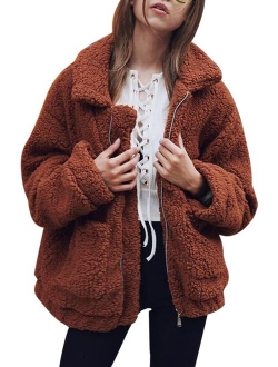 CHOiES record your inspired fashion Women's Lapel Long Sleeve Faux Shearling Coat Winter Boyfriend Winter Faux Coat