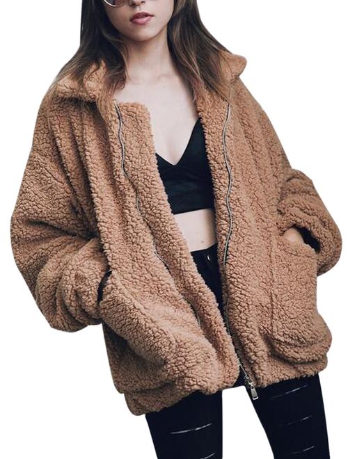 CHOiES record your inspired fashion Women's Lapel Long Sleeve Faux Shearling Coat Winter Boyfriend Winter Faux Coat