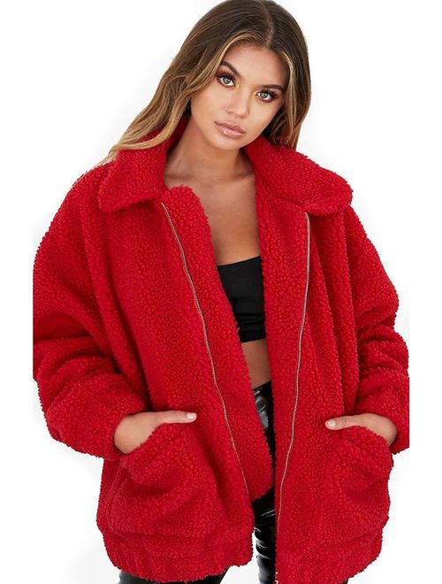 CHOiES record your inspired fashion Women's Lapel Long Sleeve Faux Shearling Coat Winter Boyfriend Winter Faux Coat