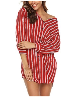 URRU Women's Boyfriend Nightshirt 3/4 Sleeve Button Down Striped Nightgown Sleepwear S-XXL