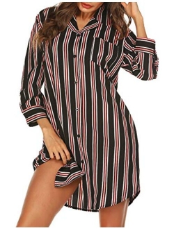 URRU Women's Boyfriend Nightshirt 3/4 Sleeve Button Down Striped Nightgown Sleepwear S-XXL