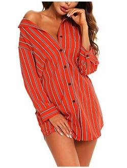 URRU Women's Boyfriend Nightshirt 3/4 Sleeve Button Down Striped Nightgown Sleepwear S-XXL