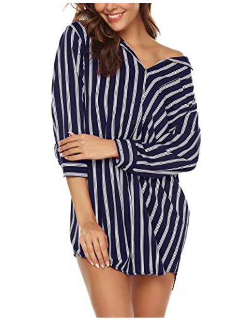 URRU Women's Boyfriend Nightshirt 3/4 Sleeve Button Down Striped Nightgown Sleepwear S-XXL