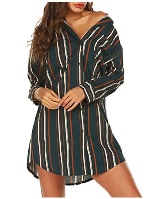 URRU Women's Boyfriend Nightshirt 3/4 Sleeve Button Down Striped Nightgown Sleepwear S-XXL