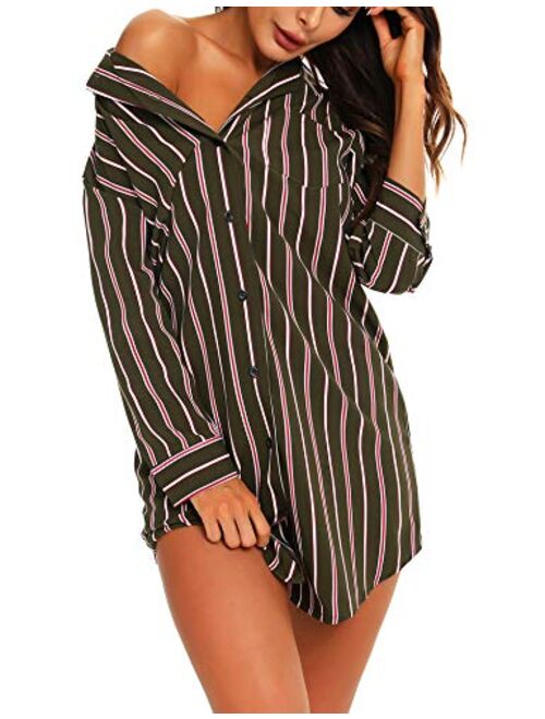 URRU Women's Boyfriend Nightshirt 3/4 Sleeve Button Down Striped Nightgown Sleepwear S-XXL