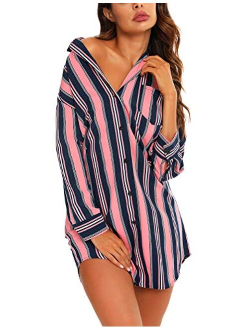 URRU Women's Boyfriend Nightshirt 3/4 Sleeve Button Down Striped Nightgown Sleepwear S-XXL