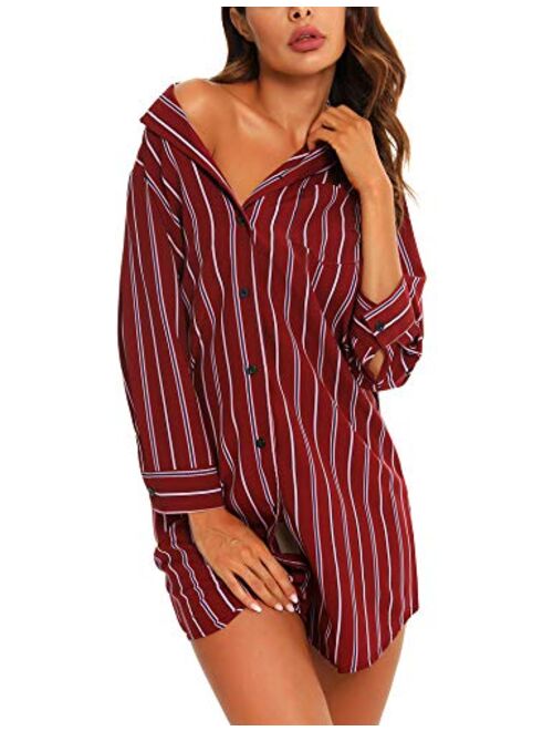 URRU Women's Boyfriend Nightshirt 3/4 Sleeve Button Down Striped Nightgown Sleepwear S-XXL