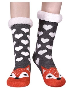 Dosoni Womens Girls Faux Fur Fuzzy Winter Asymmetric Cartoon Animal Cute Fleece-lined Winter Slipper Socks with Grippers