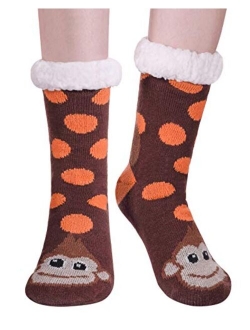 Dosoni Womens Girls Faux Fur Fuzzy Winter Asymmetric Cartoon Animal Cute Fleece-lined Winter Slipper Socks with Grippers