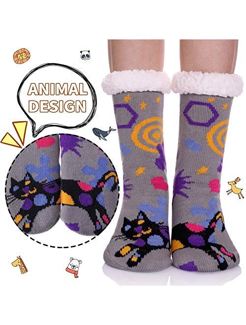 Dosoni Womens Girls Faux Fur Fuzzy Winter Asymmetric Cartoon Animal Cute Fleece-lined Winter Slipper Socks with Grippers