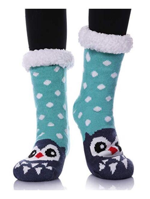 Dosoni Womens Girls Faux Fur Fuzzy Winter Asymmetric Cartoon Animal Cute Fleece-lined Winter Slipper Socks with Grippers