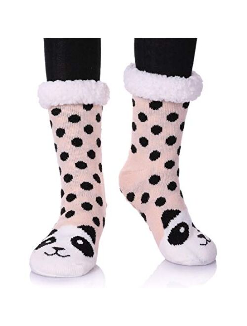 Dosoni Womens Girls Faux Fur Fuzzy Winter Asymmetric Cartoon Animal Cute Fleece-lined Winter Slipper Socks with Grippers