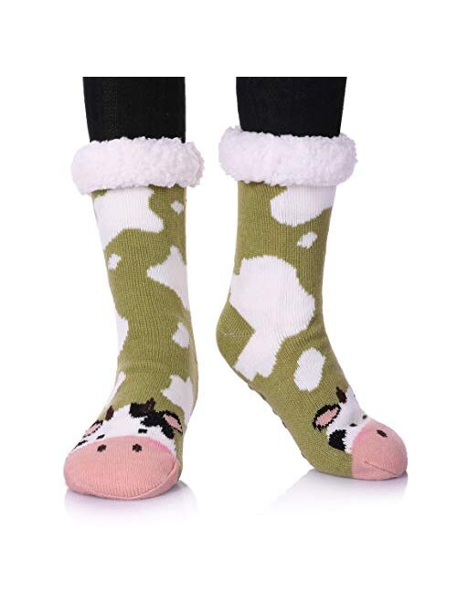 Dosoni Womens Girls Faux Fur Fuzzy Winter Asymmetric Cartoon Animal Cute Fleece-lined Winter Slipper Socks with Grippers