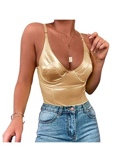 Velius Women's Sexy Deep V Neck Shiny Thong Bodysuit Tank Tops with Underwire