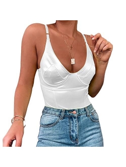 Velius Women's Sexy Deep V Neck Shiny Thong Bodysuit Tank Tops with Underwire