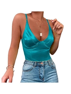 Velius Women's Sexy Deep V Neck Shiny Thong Bodysuit Tank Tops with Underwire