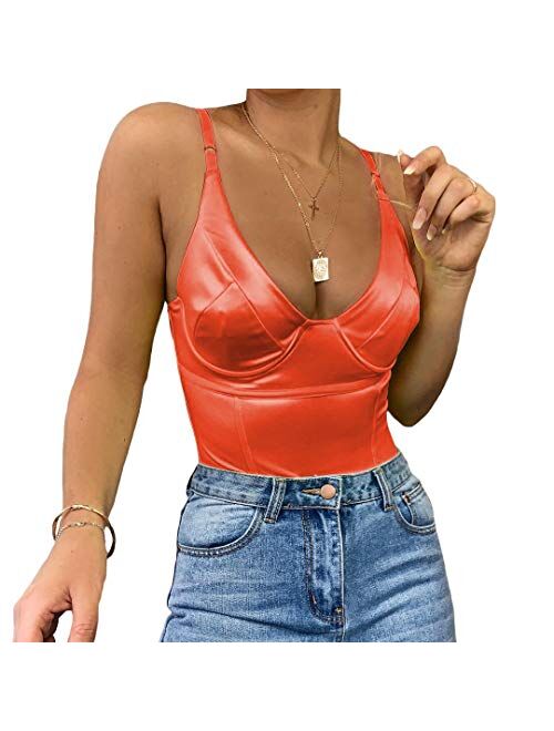 Velius Women's Sexy Deep V Neck Shiny Thong Bodysuit Tank Tops with Underwire