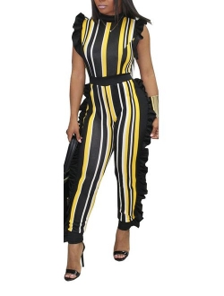 Speedle Womens Sleeveless Stripe High Neck Ruffle High Waist Bodyocn Jumpsuits Long Romper Pants