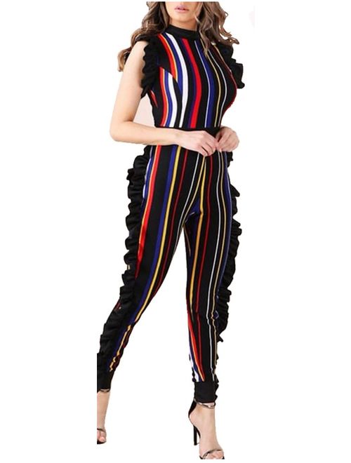 Speedle Womens Sleeveless Stripe High Neck Ruffle High Waist Bodyocn Jumpsuits Long Romper Pants