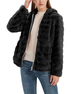 Geschallino Women's Soft Faux Fur Hooded Jacket, 2 Pockets Short/Long Coat Outwear Warm Fluffy Fleece Tops for Winter, Spring