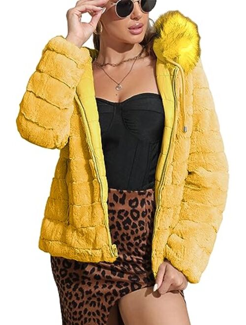 Geschallino Women's Soft Faux Fur Hooded Jacket, 2 Pockets Short/Long Coat Outwear Warm Fluffy Fleece Tops for Winter, Spring