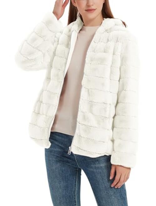 Geschallino Women's Soft Faux Fur Hooded Jacket, 2 Pockets Short/Long Coat Outwear Warm Fluffy Fleece Tops for Winter, Spring