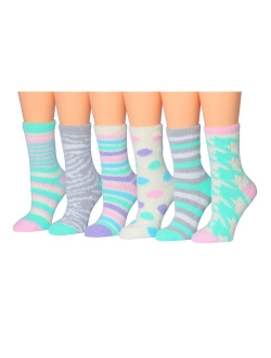 Tipi Toe Women's 6-Pairs Patterned & Solid Anti-Skid Soft Fuzzy Crew Socks