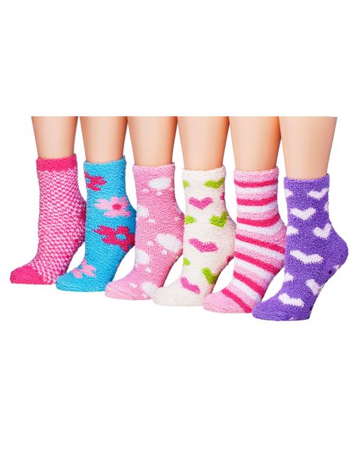 Tipi Toe Women's 6-Pairs Patterned & Solid Anti-Skid Soft Fuzzy Crew Socks