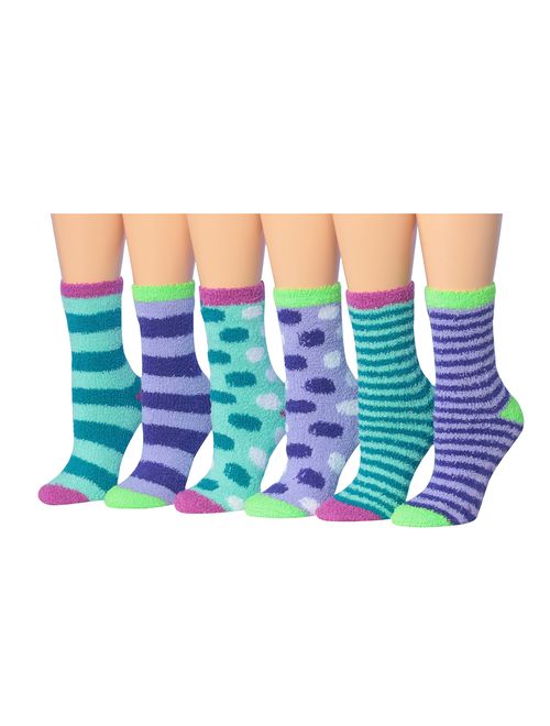 Tipi Toe Women's 6-Pairs Patterned & Solid Anti-Skid Soft Fuzzy Crew Socks