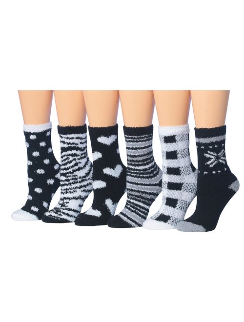 Tipi Toe Women's 6-Pairs Patterned & Solid Anti-Skid Soft Fuzzy Crew Socks