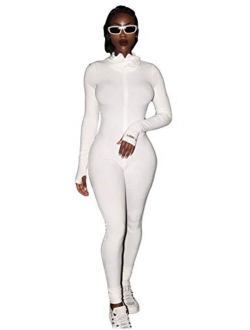 MEALIYA Women Embroidery Zipper High Neck Bodycon Jumpsuit Outfit Long Sleeve Rompers