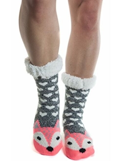 Women's Faux Fur Fuzzy Winter Animal Socks with Grippers