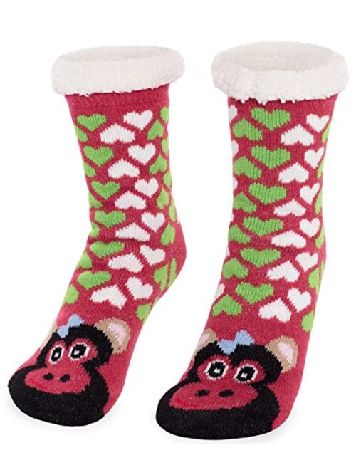 Women's Faux Fur Fuzzy Winter Animal Socks with Grippers