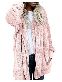 Womens Fuzzy Winter Open Front Cardigan Sherpa Fleece Jacket Hooded Coat Outerwear