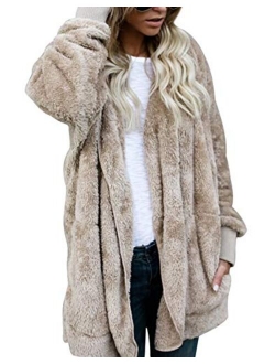 Womens Fuzzy Winter Open Front Cardigan Sherpa Fleece Jacket Hooded Coat Outerwear