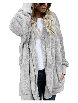 Womens Fuzzy Winter Open Front Cardigan Sherpa Fleece Jacket Hooded Coat Outerwear