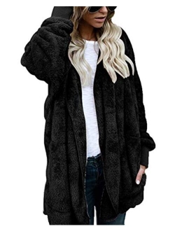 Womens Fuzzy Winter Open Front Cardigan Sherpa Fleece Jacket Hooded Coat Outerwear